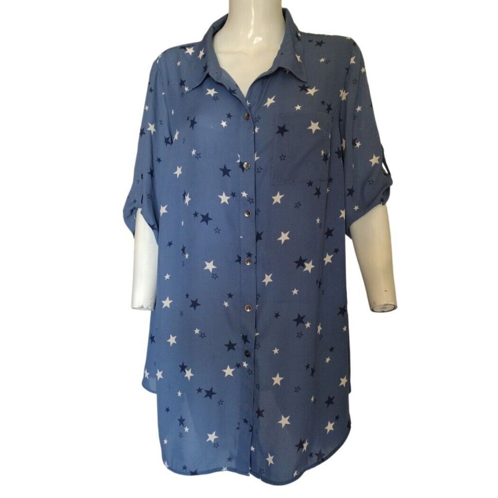 Catherines Blouse Women 14/16 WP Blue Star Novelty‎ Print Button Up Patriotic